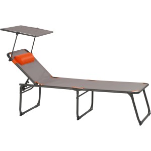 Graue Portal Campingliege Kevin XXL mit Sonnendach und Nackenpolster.