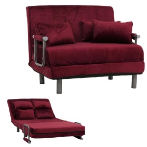 MCW Schlafsessel K29 Bordeaux aus Chenille, als Sofa und Liege dargestellt.