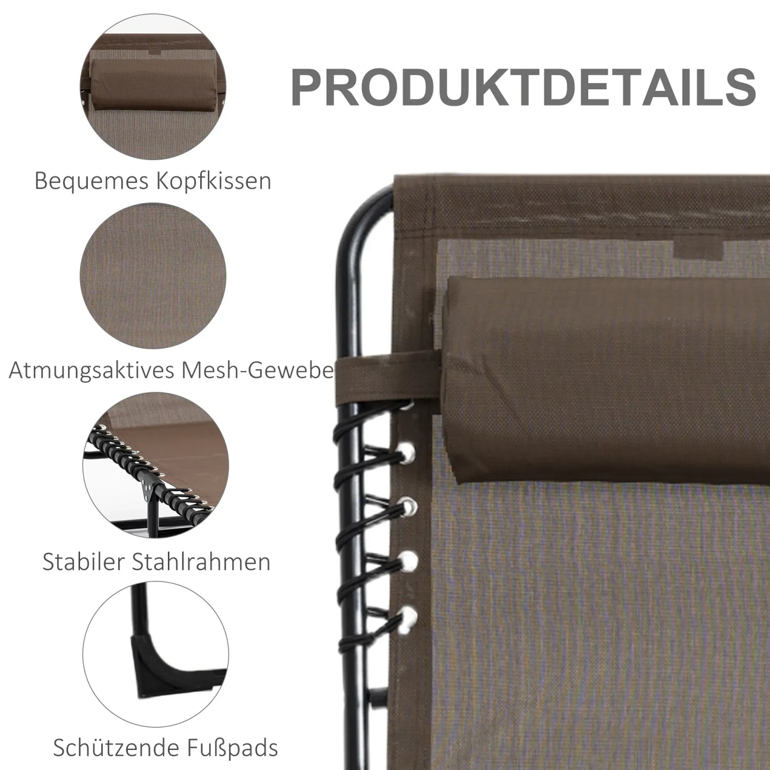 Detailansicht: Outsunny Sonnenliege mit braunem Netzstoff, Stahlrahmen, Kopfkissen und Fußpads.