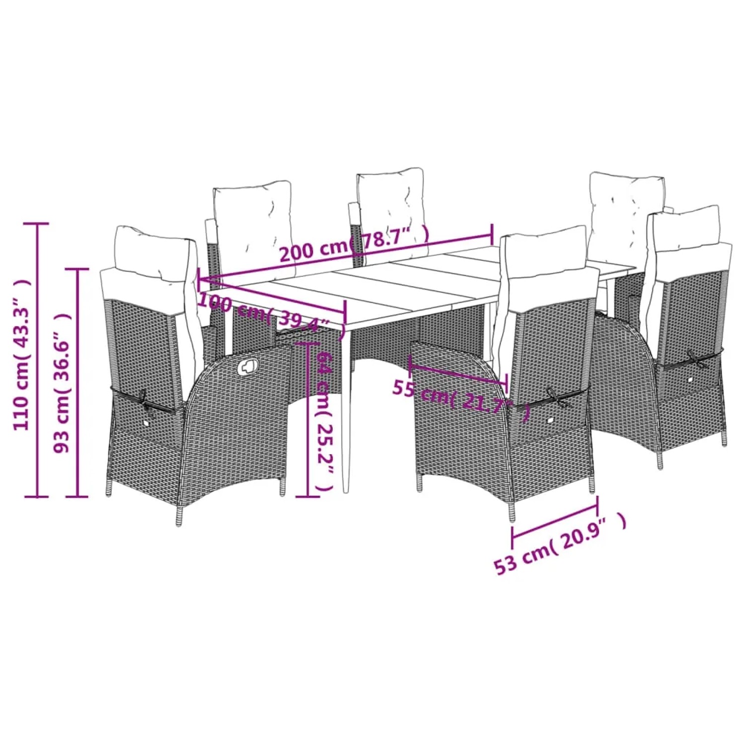 vidaXL 7-tlg. Garten-Essgruppe mit schwarzen Polyrattan-Stühlen und Tisch mit Glasplatte.