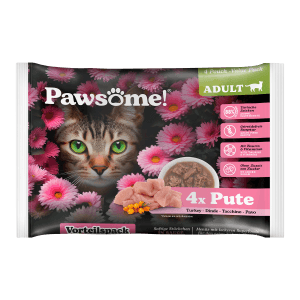 Pawsome Katzen-Nassfutter Adult Pute, 4er-Pack. Artgerechtes Futter mit 88% tierischen Zutaten.