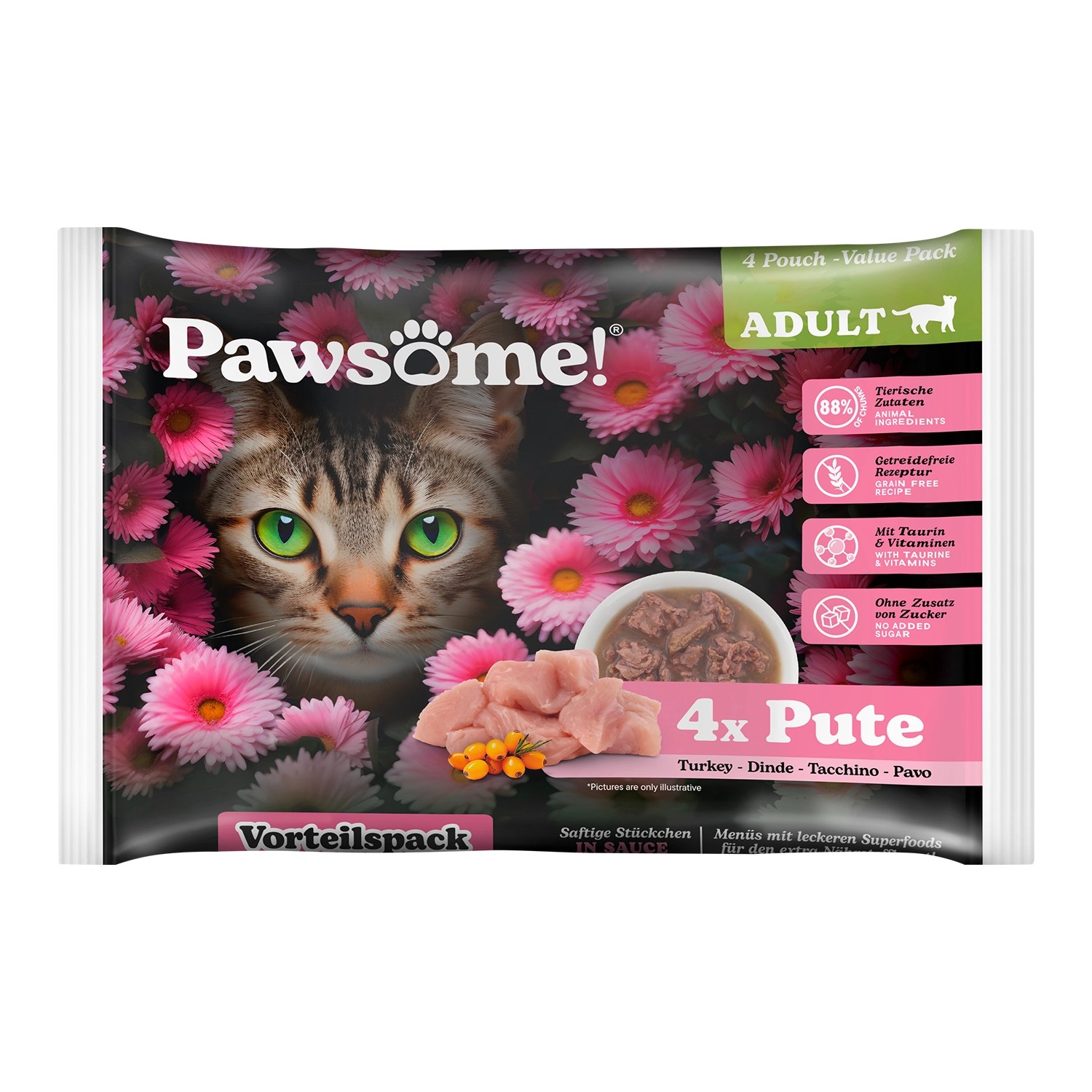 Pawsome Katzen-Nassfutter Adult Pute 85 g 4er Flowpack