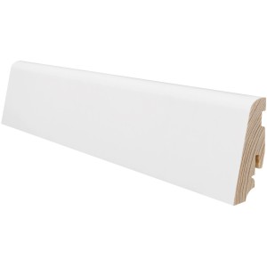 Weiße Sockelleiste, 58 mm hoch, 2200 mm lang, zur einfachen Montage mit Leistenclips.