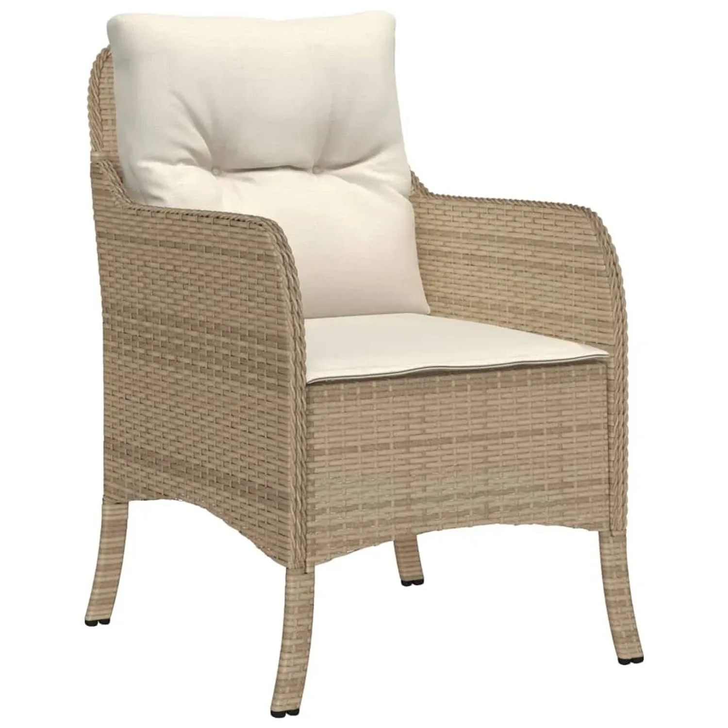 Beiger Gartenstuhl aus Rattan mit cremeweißen Kissen, Teil der vidaXL 3-tlg. Essgruppe.