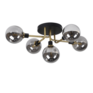 NETTLIFE LED Deckenleuchte: Fünf rauchgraue Glaskugeln an schwarzen Metallarmen mit Messingdetails. Modernes Design.