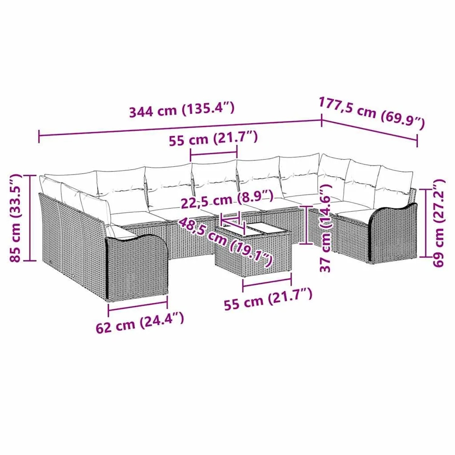 vidaXL Gartenmöbel Set, hellgraues Poly Rattan Sofa mit Tisch, Maße eingezeichnet.
