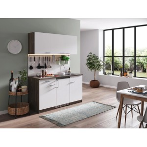 Respekta Küchenzeile KB150EYWC, 150 cm, Weiß/Eiche York Dekor mit Spüle, Kochfeld und Kühlschrank.