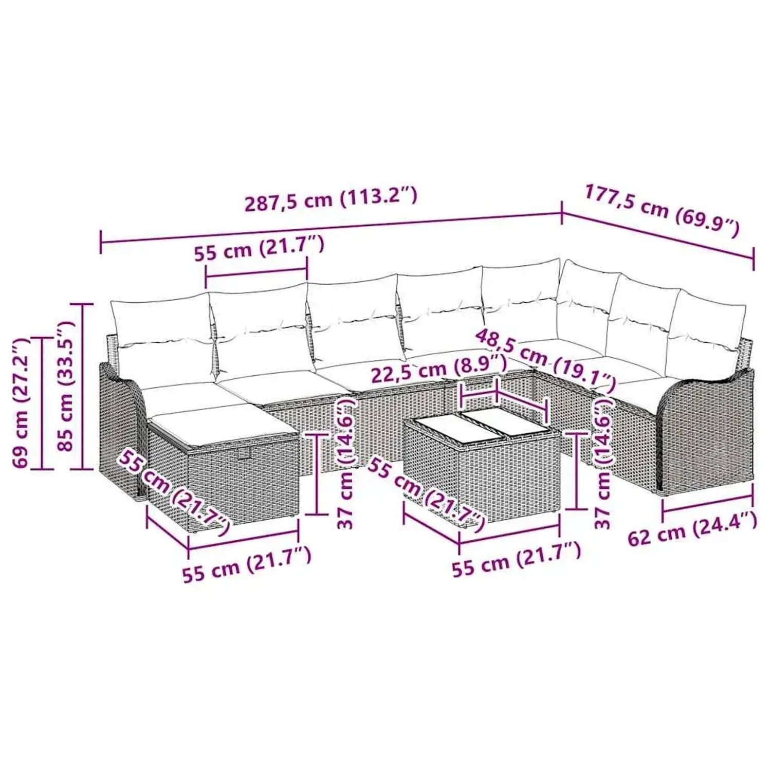 Graues 9-teiliges vidaXL Garten-Sofa-Set aus Polyrattan mit Kissen und Stauraum.