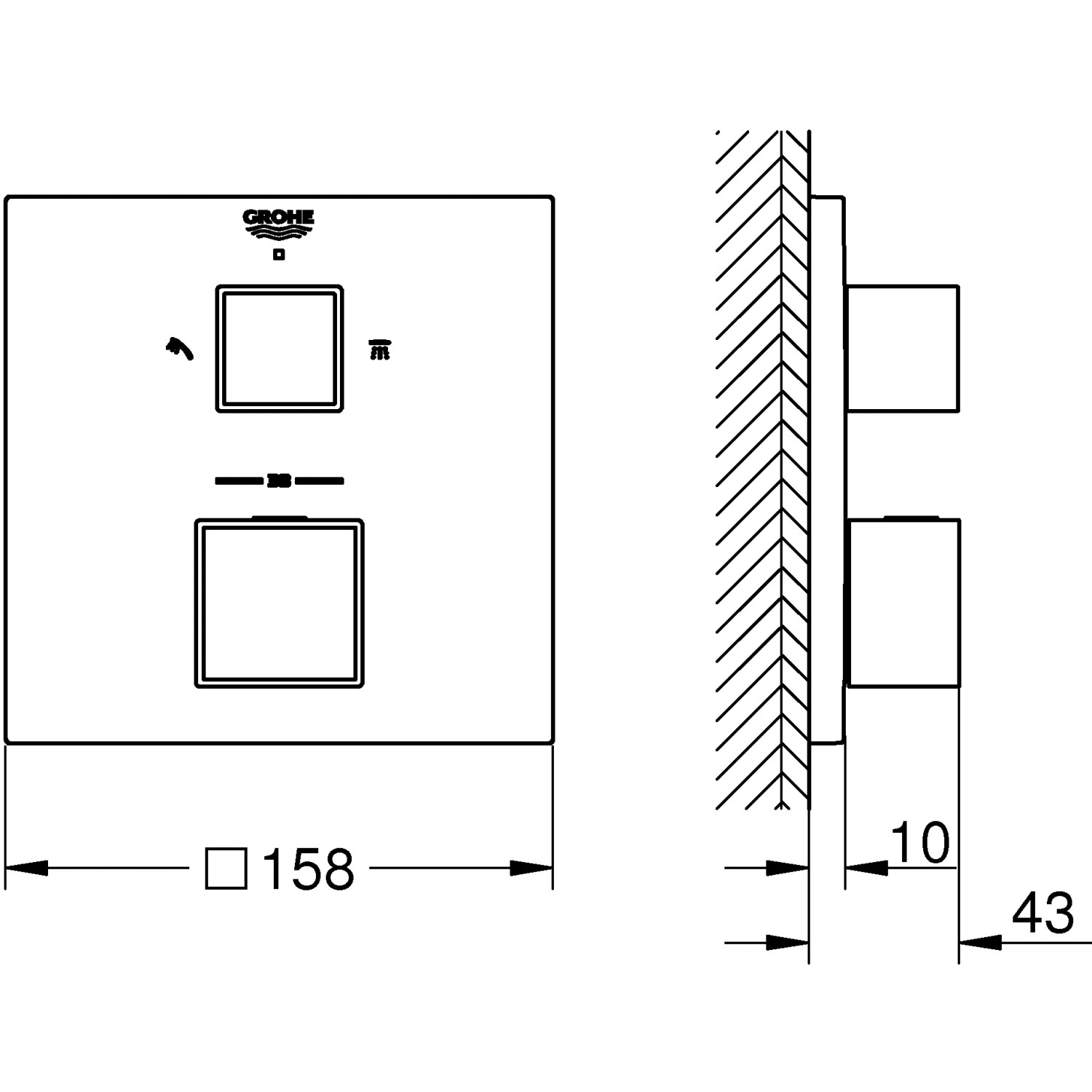 Technische Zeichnung: Grohe Thermostat-Brausebatterie Grohtherm Cube mit Maßangaben.