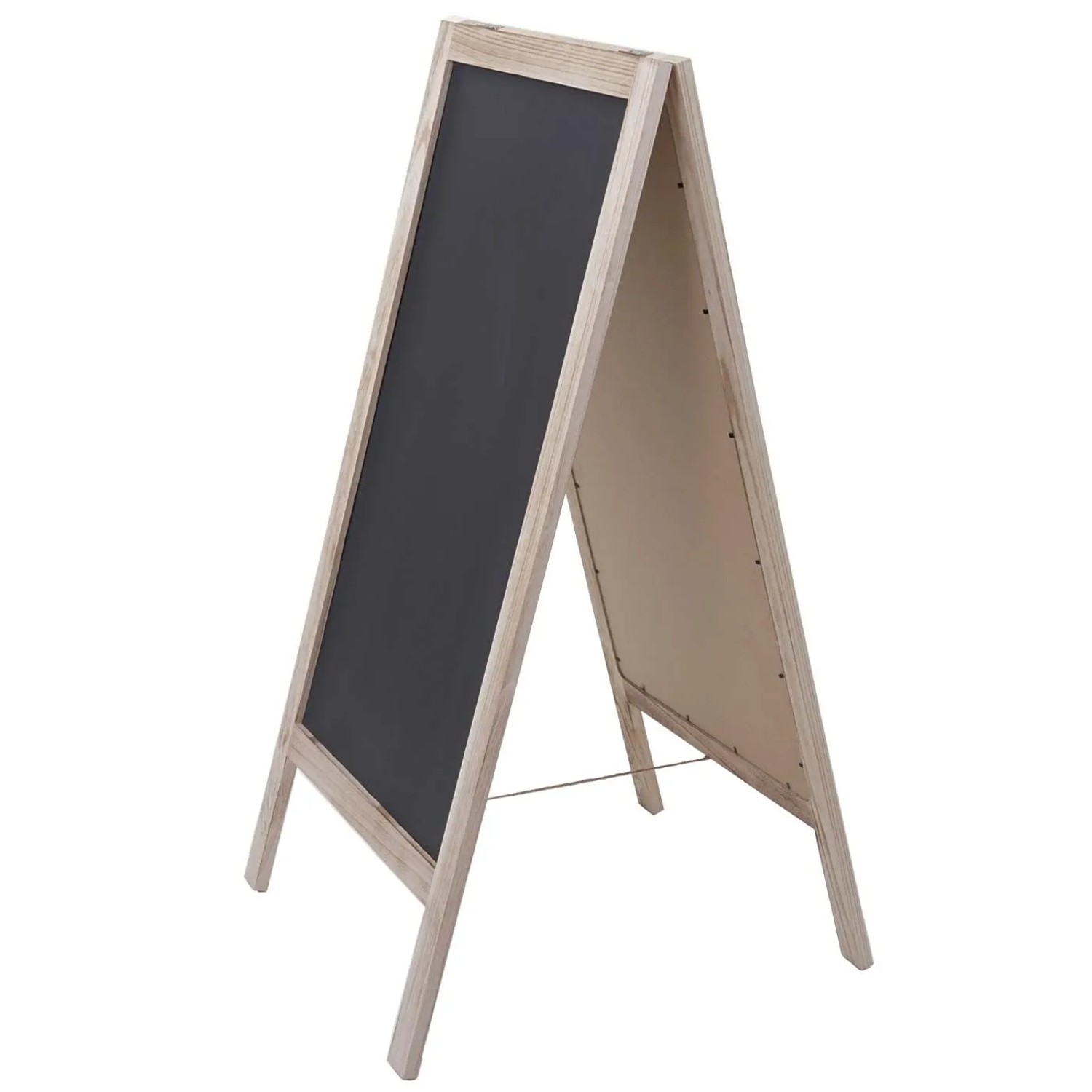 MCW XL Werbetafel aus Paulowniaholz, naturfarben, klappbar, mit zwei schwarzen Schreibflächen. Ideal als Kreidetafel.