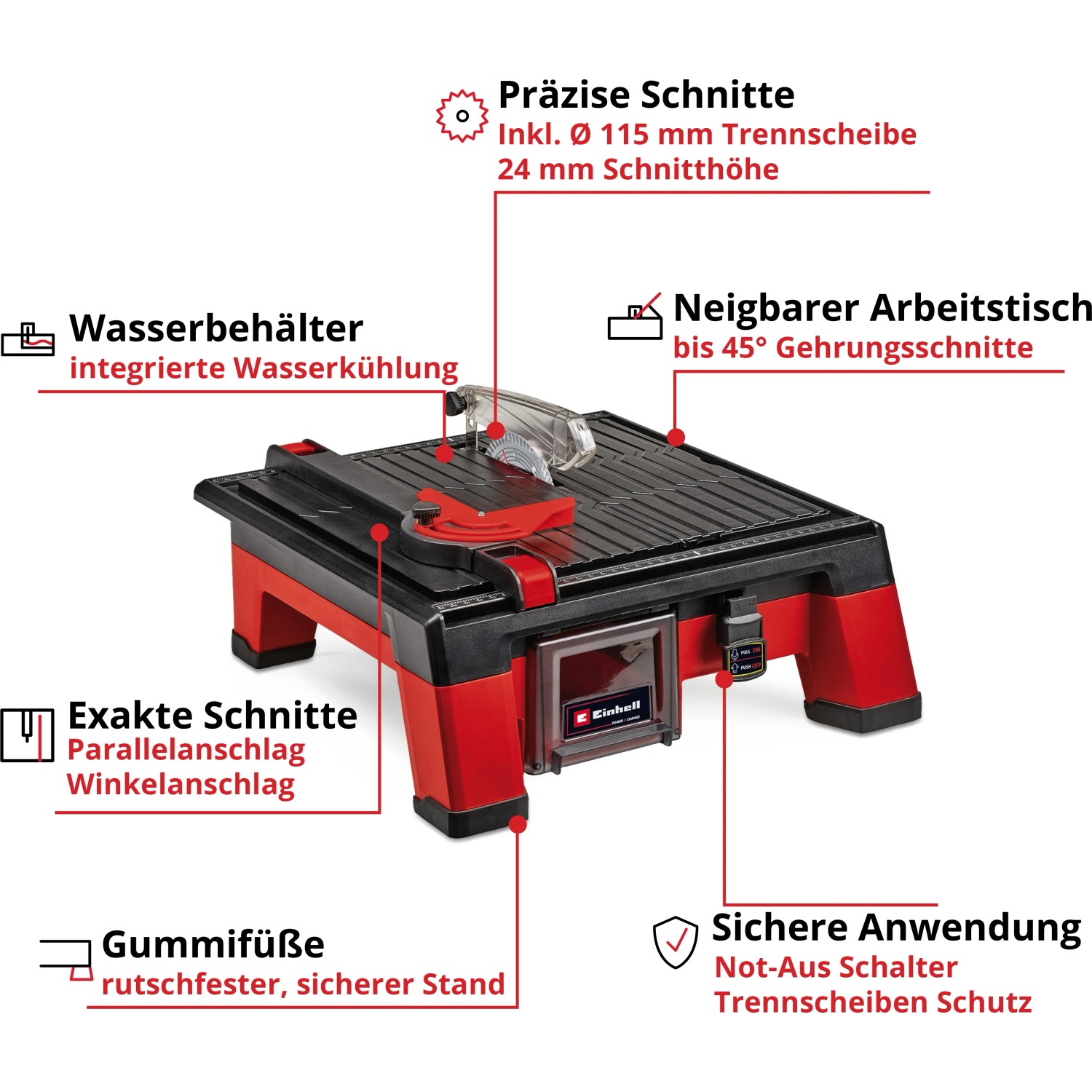 Einhell Akku-Fliesenschneidmaschine TE-TC 18/115 Li Solo: Tisch mit Diamanttrennscheibe und Wasserkühlung.