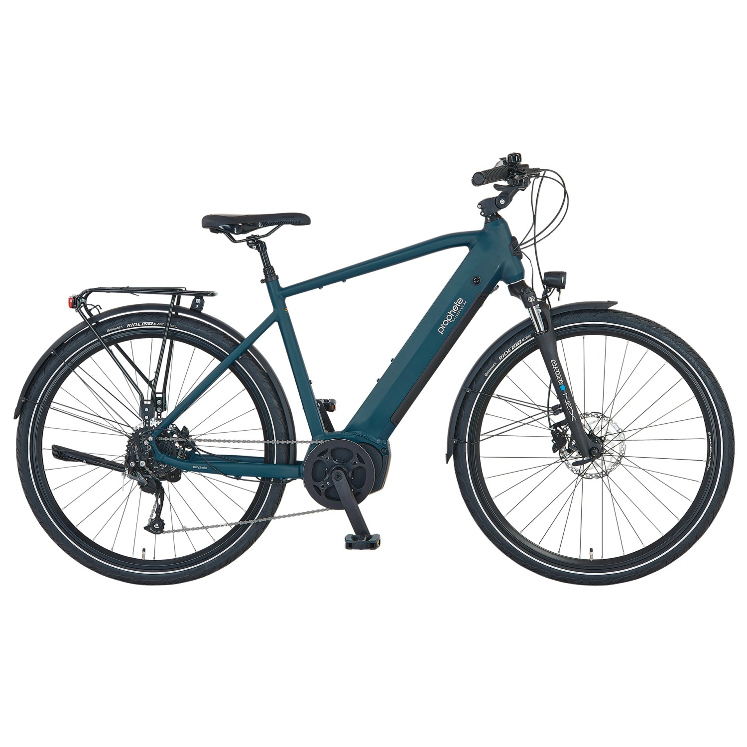 Perlnachtblaues Prophete Trekking E-Bike Entdecker 3.0 Herren mit Mittelmotor und Gepäckträger.