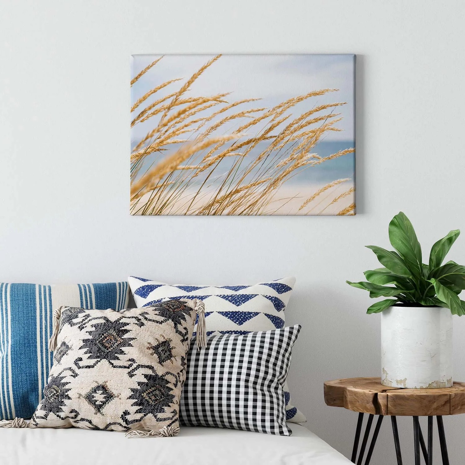 Bricoflor Leinwandbild mit Dünengras, Strandmotiv in Hellblau und Beige, 70x50 cm.