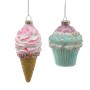 Glas Christbaumschmuck: Eiswaffel mit rosa Streuseln, goldener Waffel und bunter Cupcake mit blauer Glasur, Glitzer.