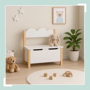 Relaxdays Kinderbank mit Stauraum MDF Kiefernholz Filz Weiß Natur Softclose 60 cm x 60 cm x 25 cm 8,8 kg