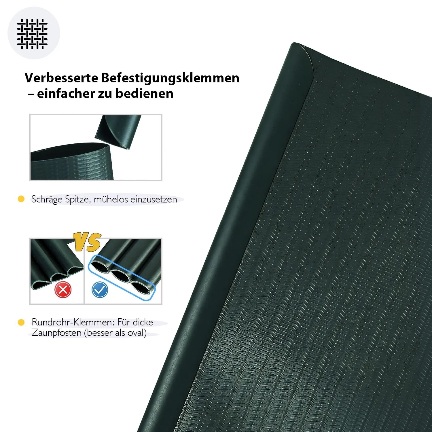 Detailaufnahme: Sekey PVC Sichtschutzstreifen Grün mit Befestigungsklemmen für Doppelstabmatten.
