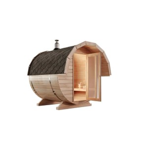 Finntherm Fasssauna Samantha aus Fichte, naturbelassen mit Dachschindeln und Glastür.