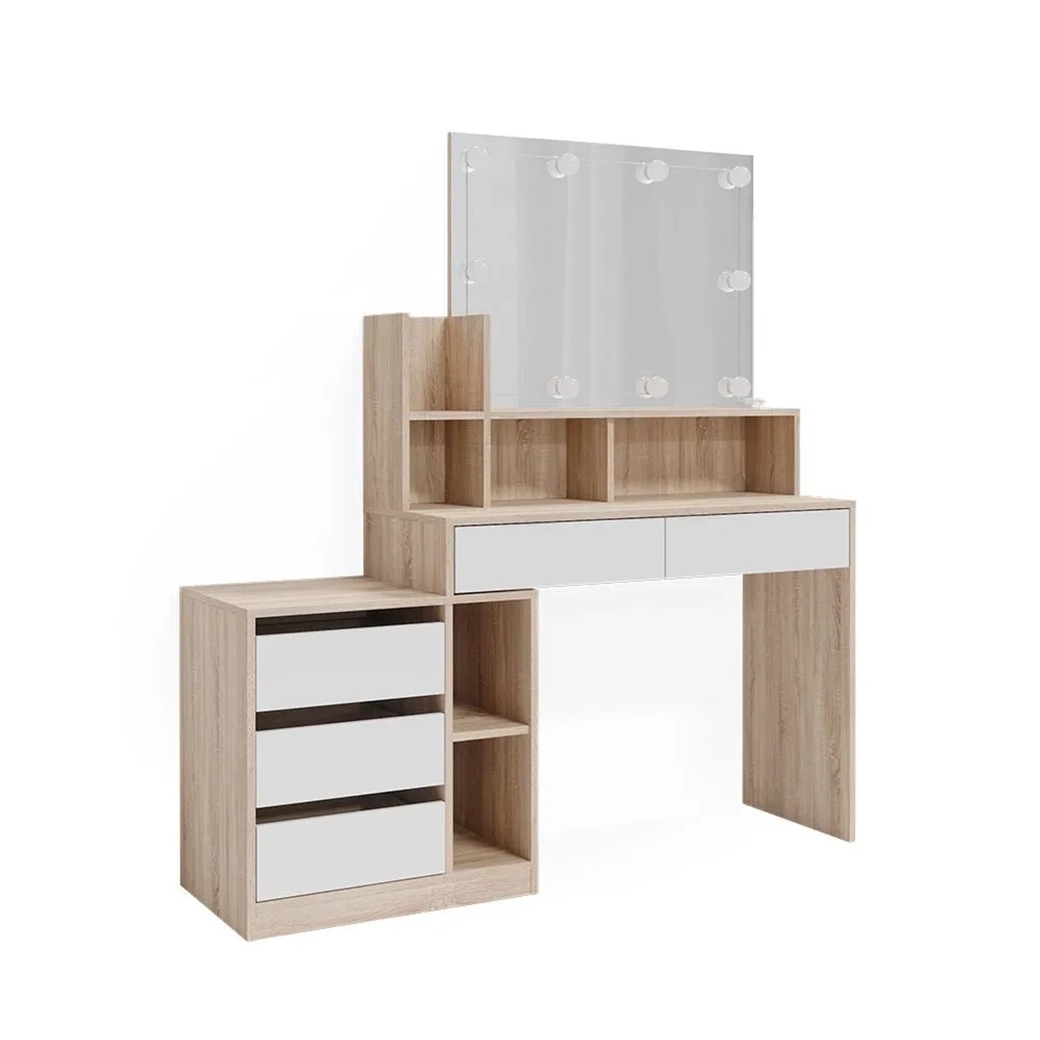 Vicco Schminktisch Anja Weiß/Sonoma 140 x 115 mit Spiegel und LED-Lichterkette