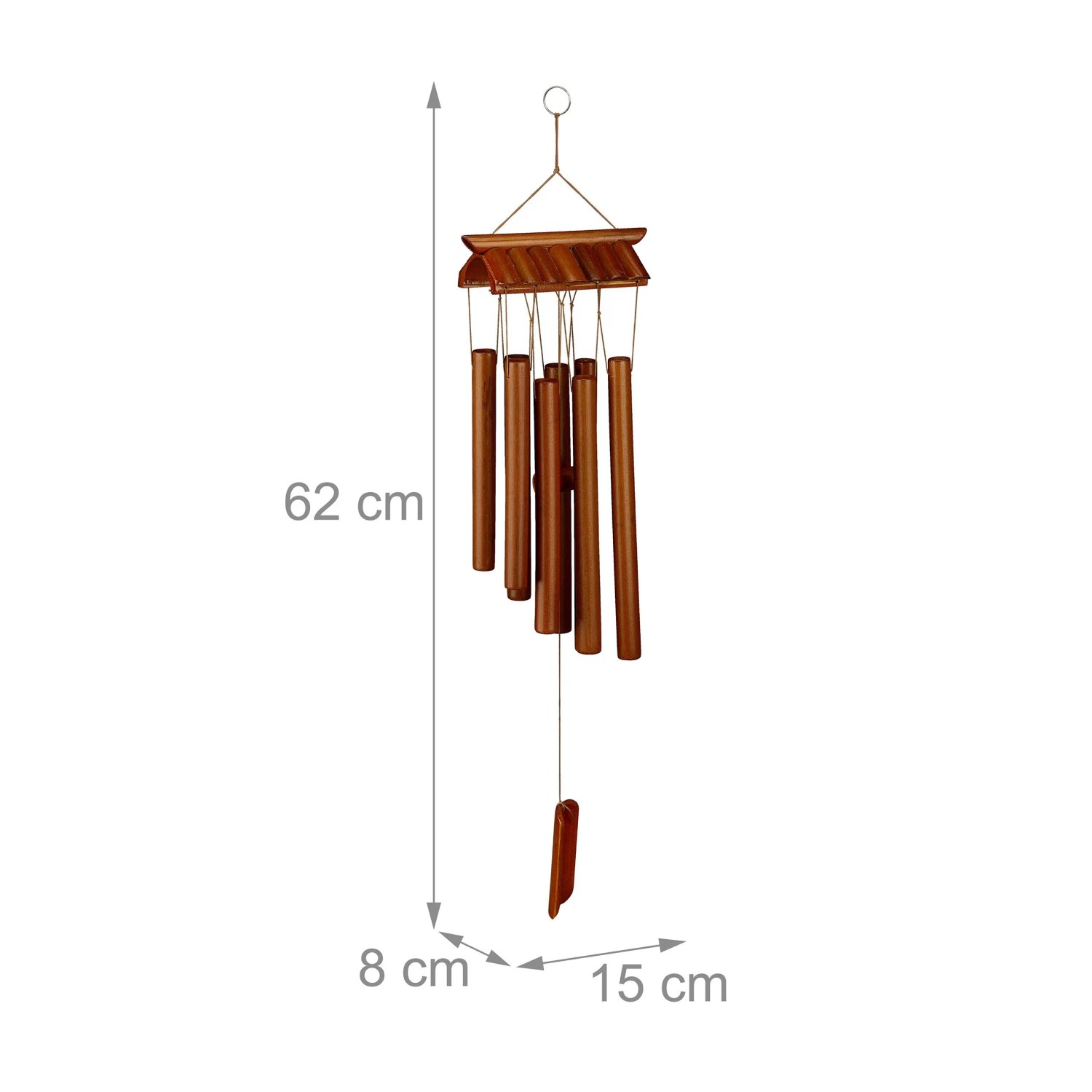 Braunes Bambus Windspiel im Tempel-Design mit 8 Röhrchen, 62 cm hoch. Dekorative Hängedeko für Garten & Balkon.
