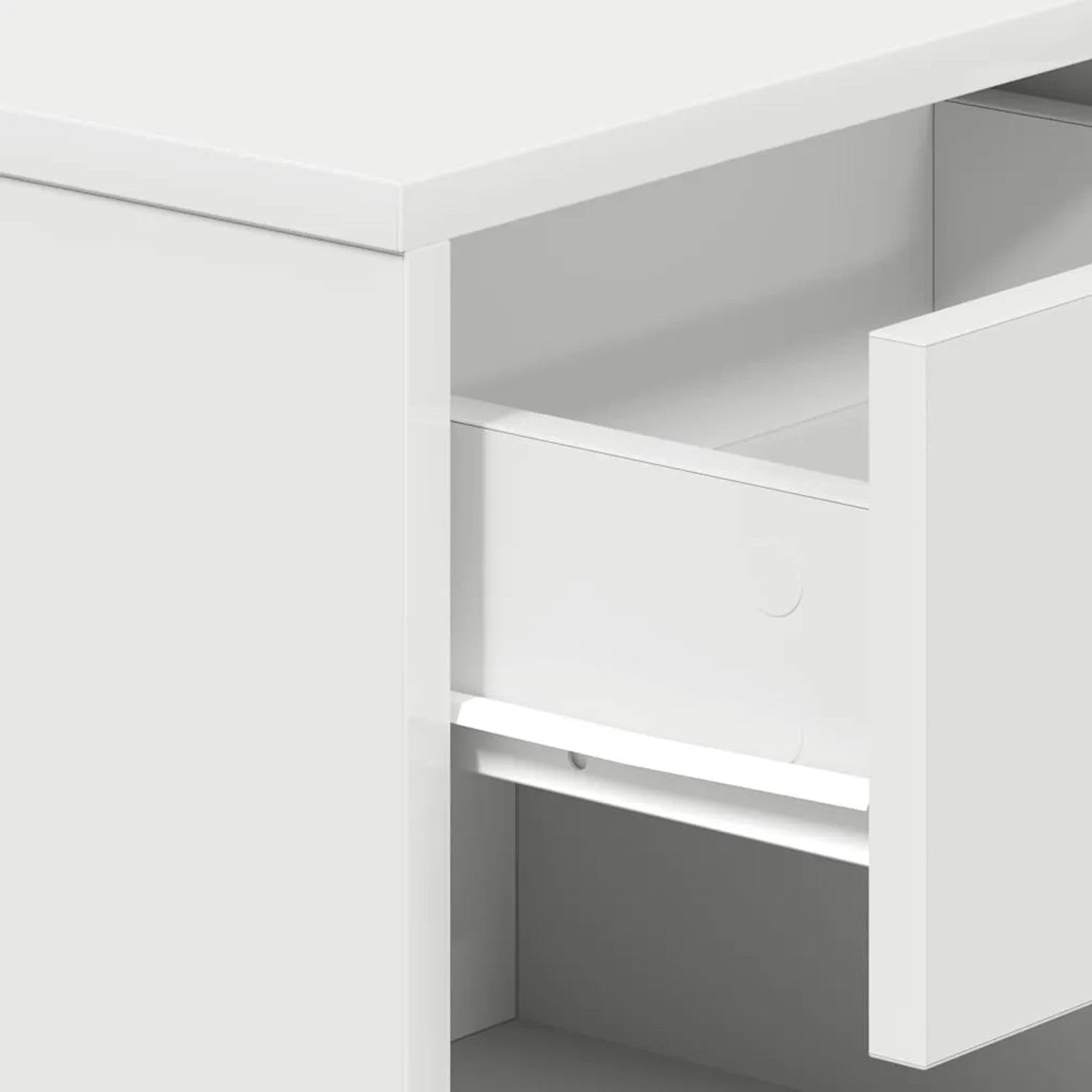 Weißer Nachttisch mit offener Schublade und offenem Fach aus Holzwerkstoff. Ideal für Schlafzimmer Stauraum.