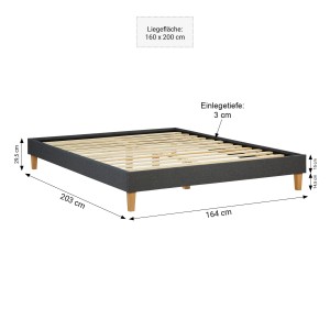 Graues Polsterbett 160x200 cm mit Lattenrost und Holzfüßen. Bett im Futonstil ohne Kopfteil.