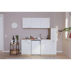 Respekta Küchenzeile KB180ESWC, 180 cm, Weiß/Eiche Sonoma Nachbildung mit Kühlschrank und Glaskeramikkochfeld.