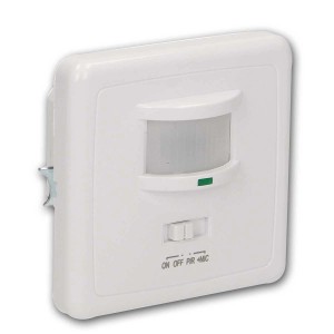 Weißer Orno Bewegungsmelder für Unterputzmontage mit Infrarotsensor und Schalter.