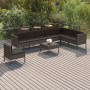 Graues 9-tlg. vidaXL Garten-Lounge-Set aus Polyrattan mit anthrazitfarbenen Auflagen auf einer Holzterrasse.