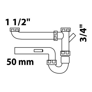 Skizze: Weißer Kirchhoff Doppel-Spültisch-Röhrensiphon, 44,9 mm (1 1/2 IG) x 50 mm, mit Geräteanschluss.