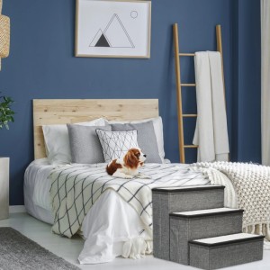 Relaxdays Hundetreppe 3 Stufen Polyester MDF Grau Weiß Faltbar 39 cm x 40 cm x 49 cm