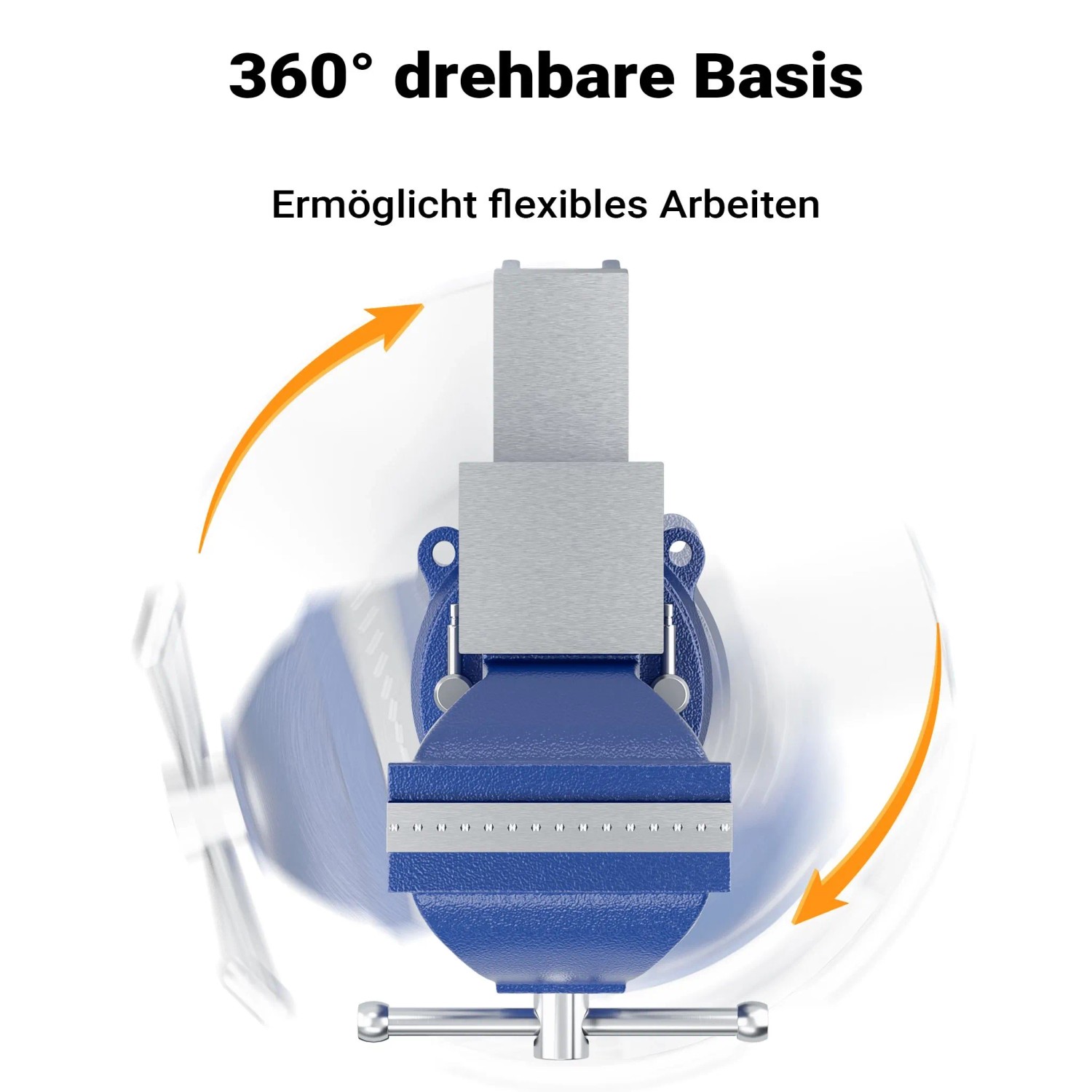 Blauer Wiltec Schraubstock mit 360° drehbarer Basis für flexible Arbeiten an der Werkbank. Präzises Spannwerkzeug.