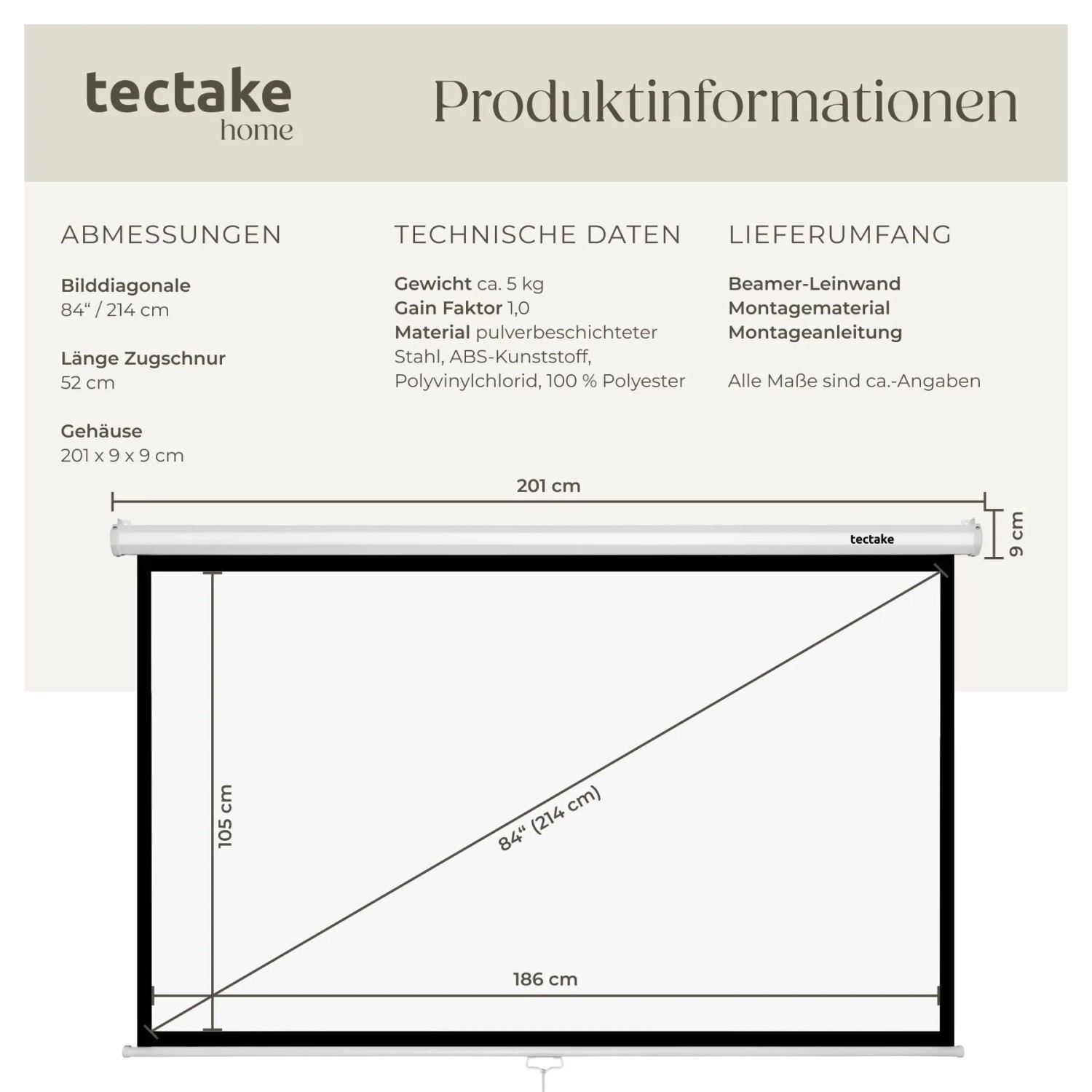 Tectake Beamer Leinwand Cinema Für 4K Hd Ultra Hd und Full Hd Gain Faktor 1 0 Wand Oder Deckenmontage 186 x 105 cm Weiß_6