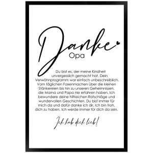 Gerahmtes Poster "Danke Opa" 40x60cm, Geschenkidee mit liebevollem Text im schwarzen Rahmen.