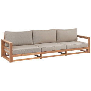 Beliani Gartensofa, helles Holz mit graubeigen Kissen, 3-Sitzer Lounge Möbel für Terrasse und Garten.