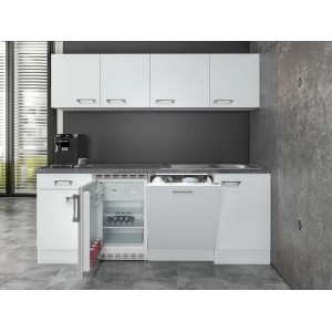 Flex-Well Büroküche Joelina, 210 cm, weiße Singleküche mit Spüle, Kühlschrank und Geschirrspüler.