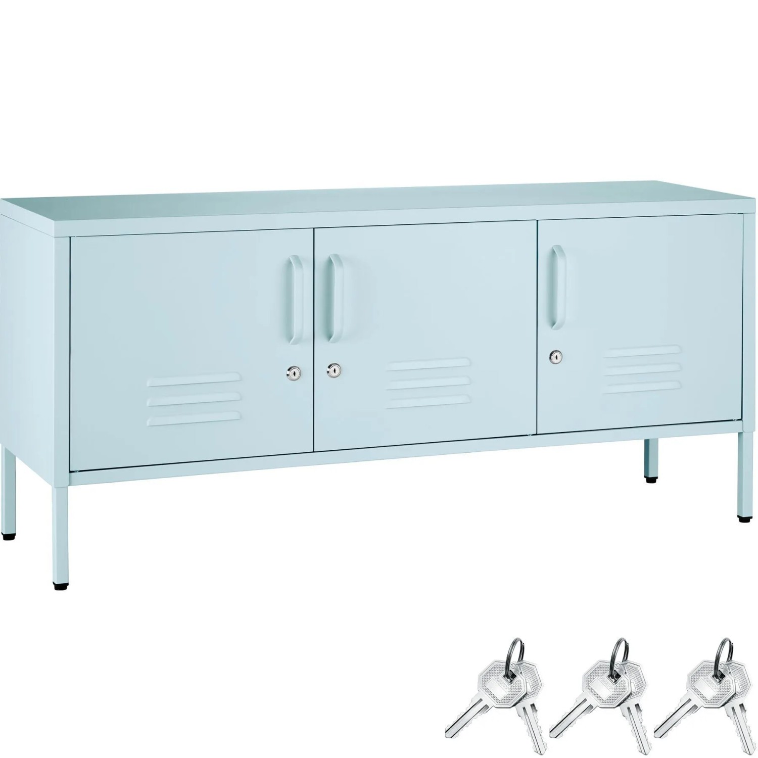 Tectake Sideboard Baker 3 Türen Mit Magnetverschluss  Einzeln Abschließbar Verstellbarer Zwischenboden  37 5 x 120 x 55 5 cm Grau Blau