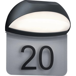 Moderne Trio LED-Außenwandleuchte Muga in Anthrazit mit Hausnummer '20'.