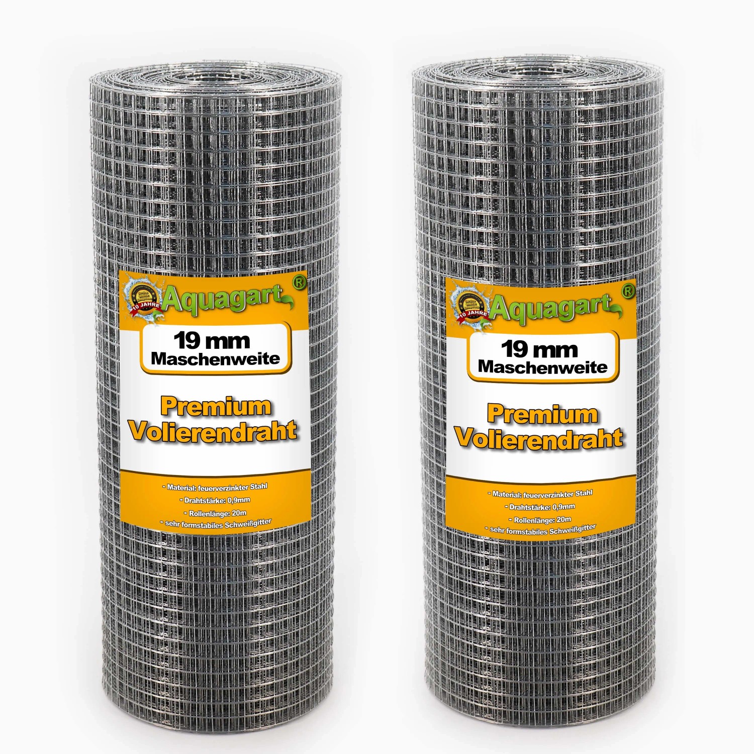 Zwei Rollen Aquagart Volierendraht, 20m x 0,5m, feuerverzinkt, Maschenweite 19mm.