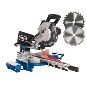 Scheppach HM216 Kapp-, Zug- und Gehrungssäge mit Laser und zwei Sägeblättern.