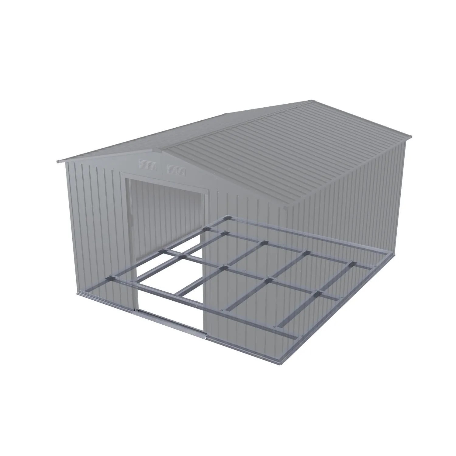 Dunkelgraues Juskys Metall Gerätehaus XXL mit Pultdach und Stahlfundament.