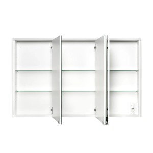 Offener, anthrazitfarbener Sieper Spiegelschrank, 120 cm breit, mit Glasablagen und drei Türen.