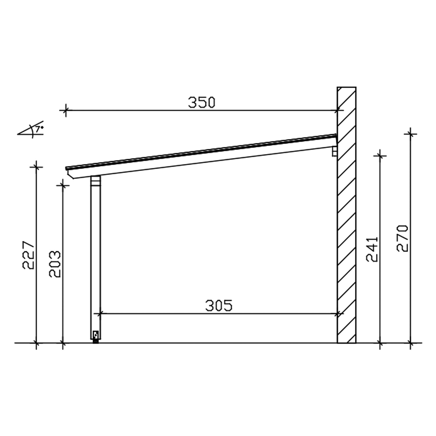 Technische Zeichnung einer Skan Holz Terrassenüberdachung Andria 434x350 cm mit Maßangaben.