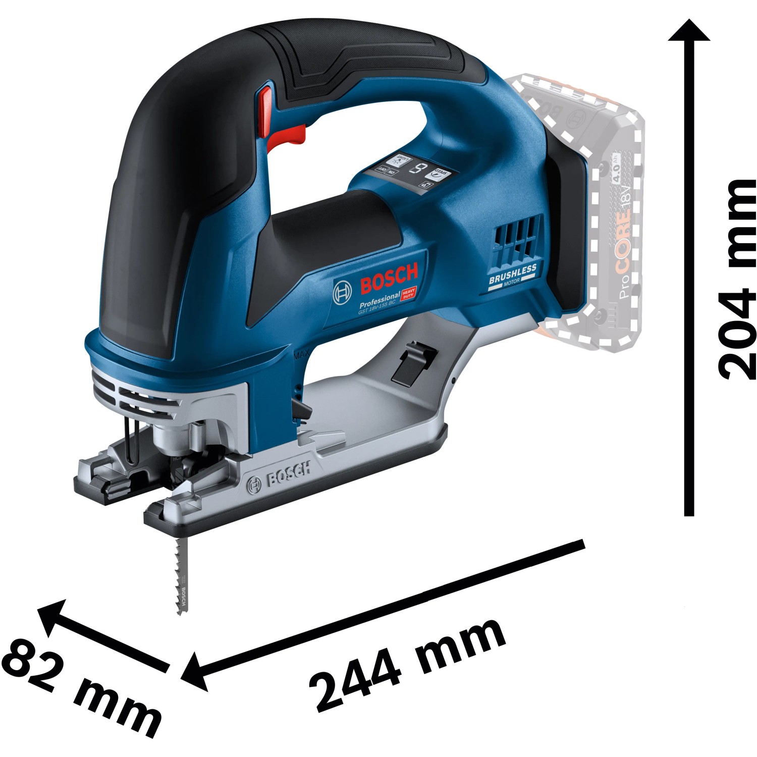 Bosch Professional Akku-Stichsäge GST 18 V-155 BC Solo, blau/schwarz, mit Maßen.