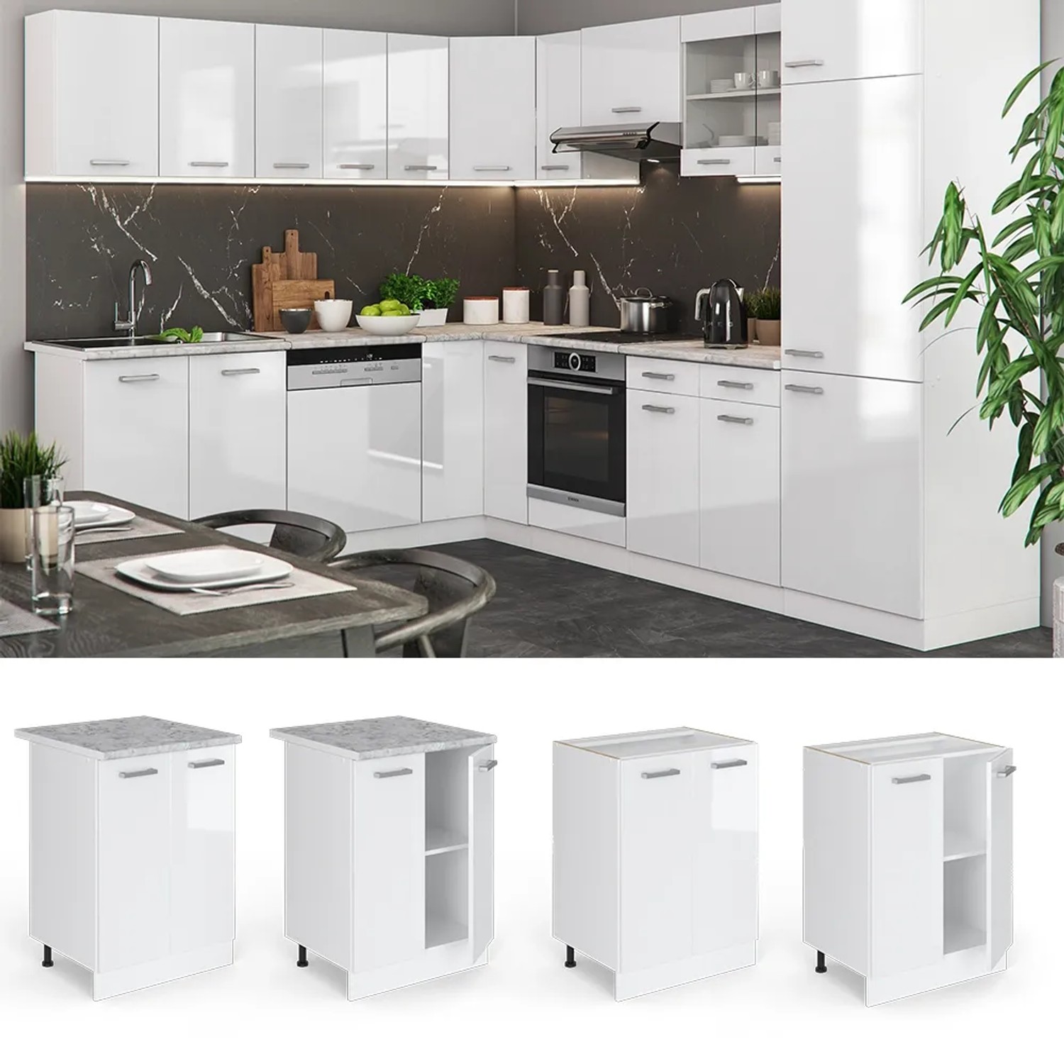 Vicco Küchenunterschrank R-Line, weiß hochglanz, 60 cm, ohne Arbeitsplatte. Küchenschrank für modulare Küchen.