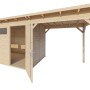 Bertilo Gartenhaus Pentus 3 Lounge aus Holz mit Anbau und offenem Bereich.