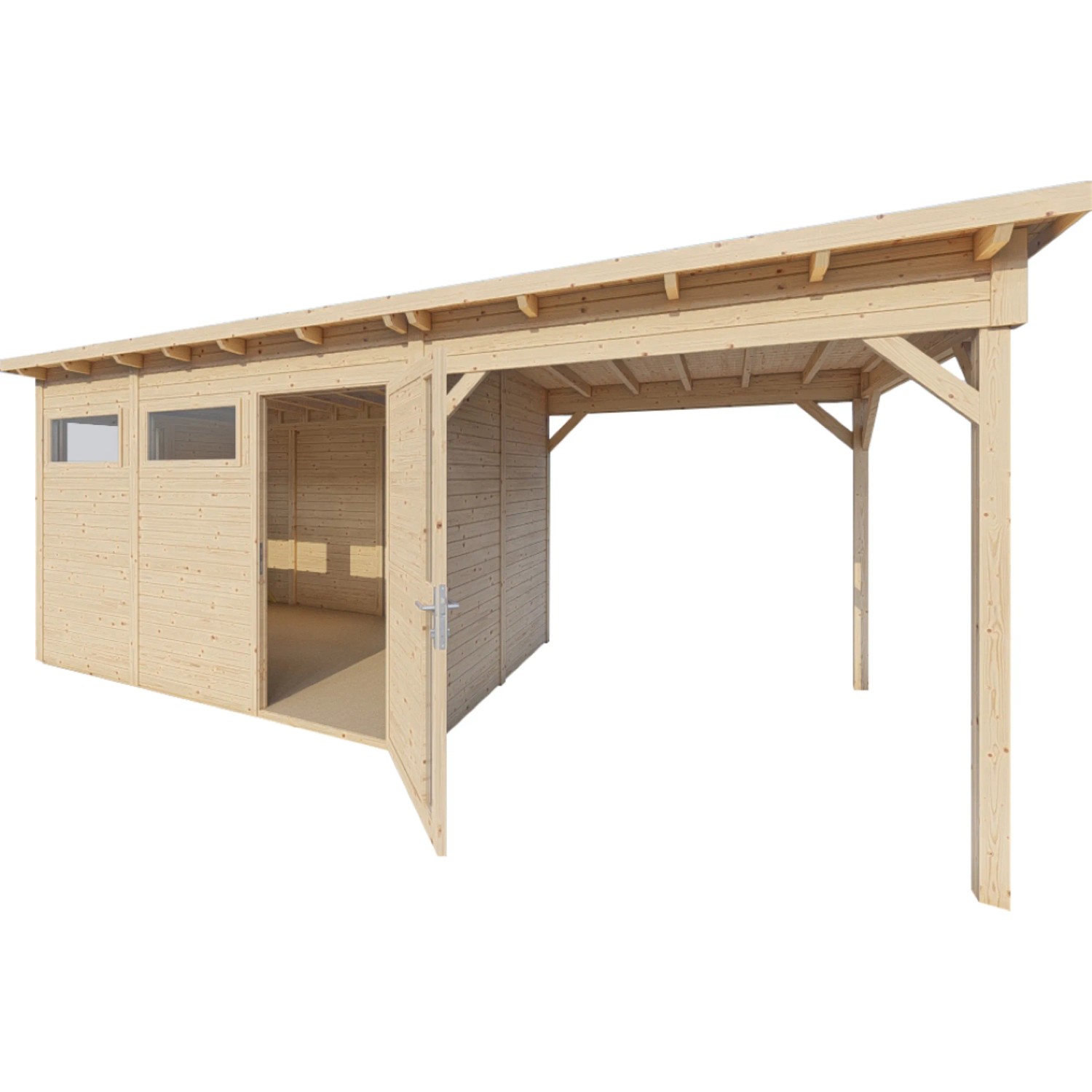 Bertilo Gartenhaus Pentus 3 Lounge aus Holz mit Anbau und offenem Bereich.
