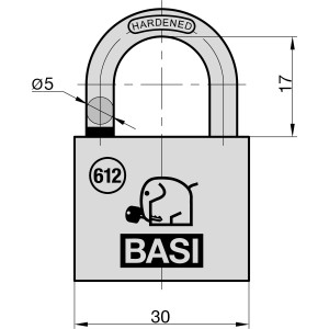 Technische Zeichnung: Basi Vorhangschloss Set, 30mm, Messinggehäuse mit Maßen.
