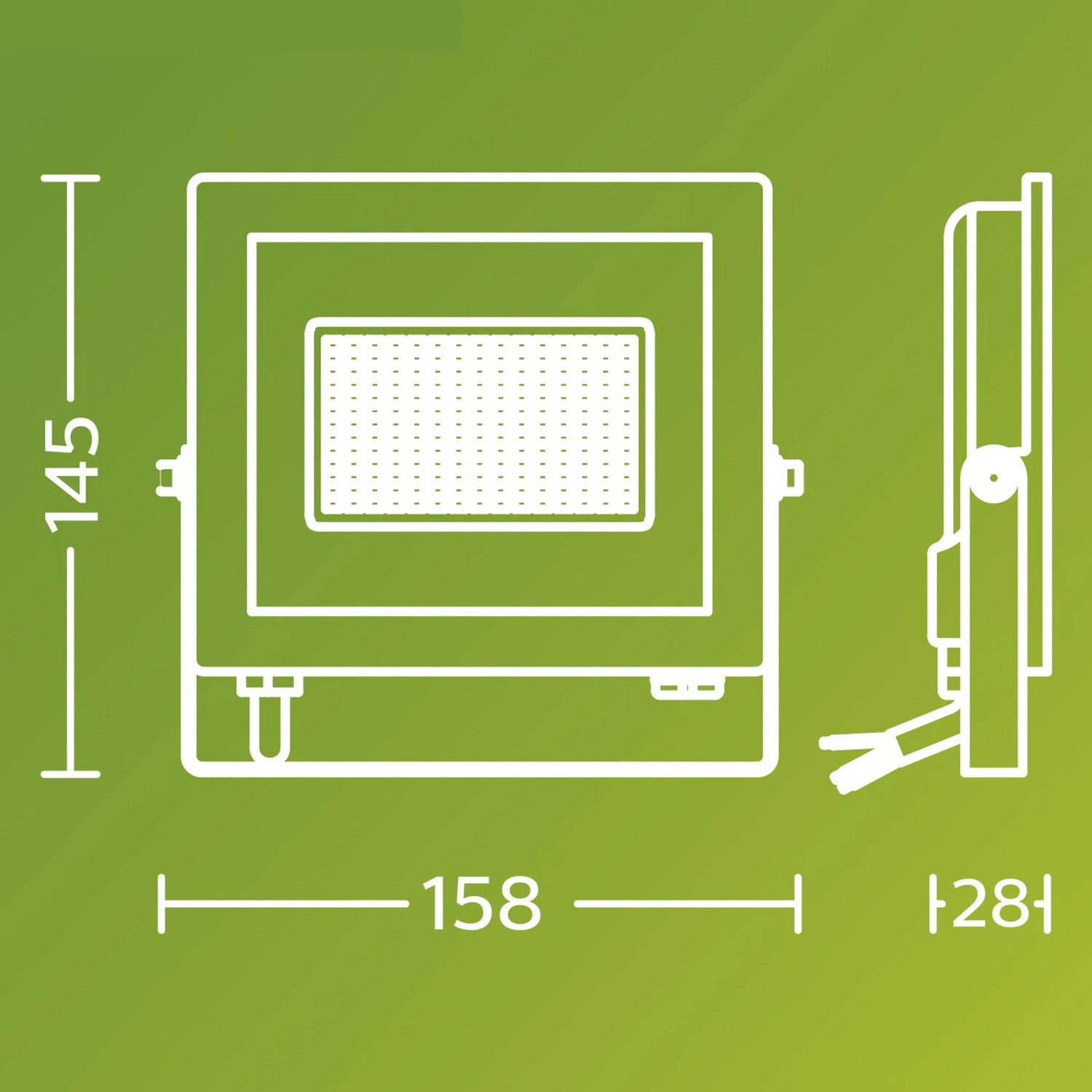 Technische Zeichnung Philips Lois UltraEffizient LED-Außenstrahler, Maße 145x158x28 mm.