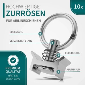 TRAILERKRAFT Airlineschienen Zurröse aus Metall. Detaillierte Ansicht mit Edelstahlring, verzinktem Stahl und Aluminium. Für sichere Ladungssicherung.