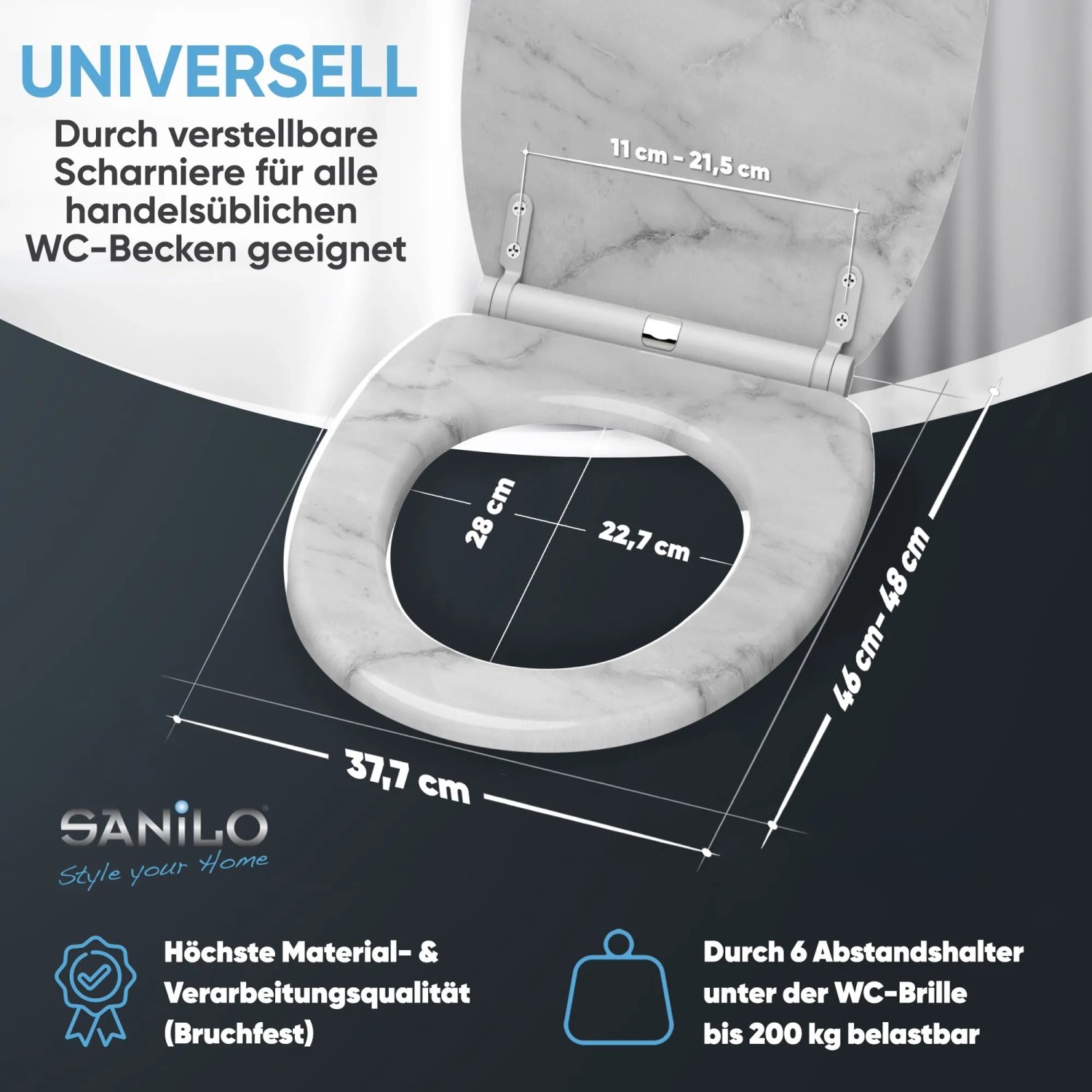 SANILO WC-Sitz Marmor mit Absenkautomatik und Top-Fix-Befestigung.